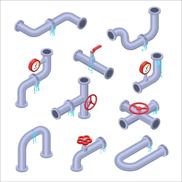 Tubería. Tubo de tubería roto con fugas de agua. — Vector de stock