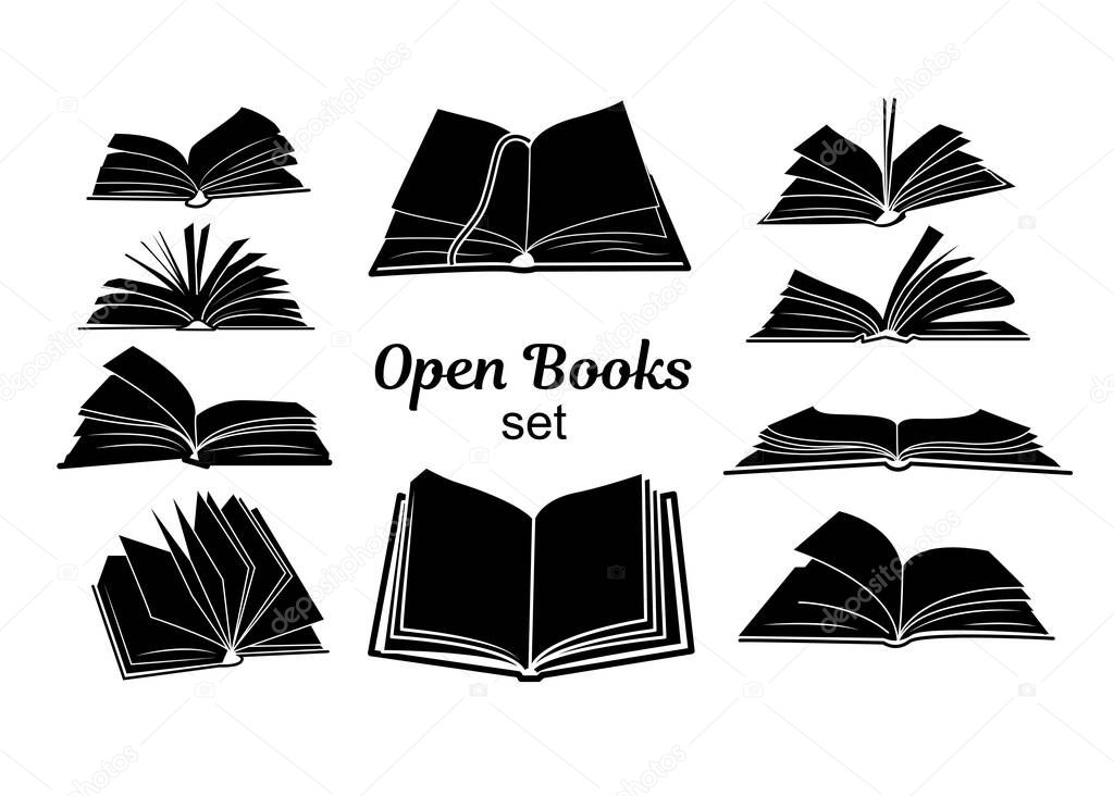 Open book black silhouettes set