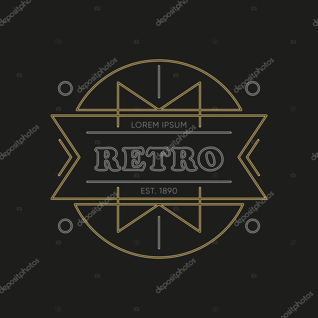 Art deco badge. Classic linear template for label, sticker or emblem design. Luxury golden frame on dark background vector illustration. Elegant element in geometric style. Company or product branding