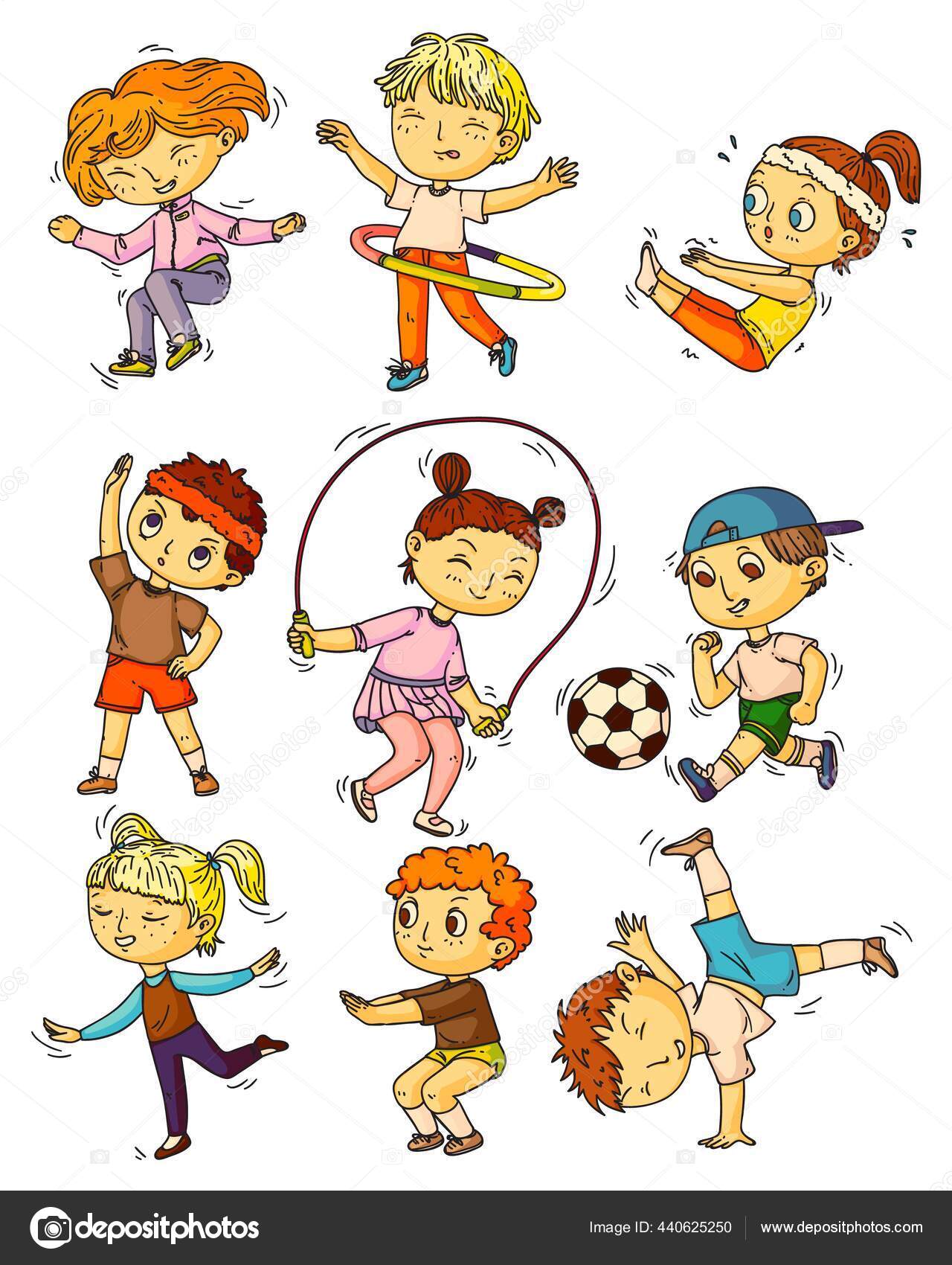 Cartoon children exercising and do sport with - Stock