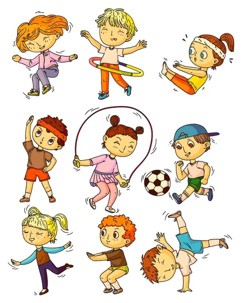 Deportes infantiles. Niños haciendo ejercicio, haciendo deportes — Archivo Imágenes Vectoriales
