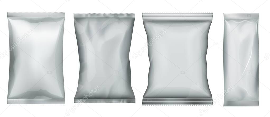 Snack food pack. Plastic bag and foil pouch set
