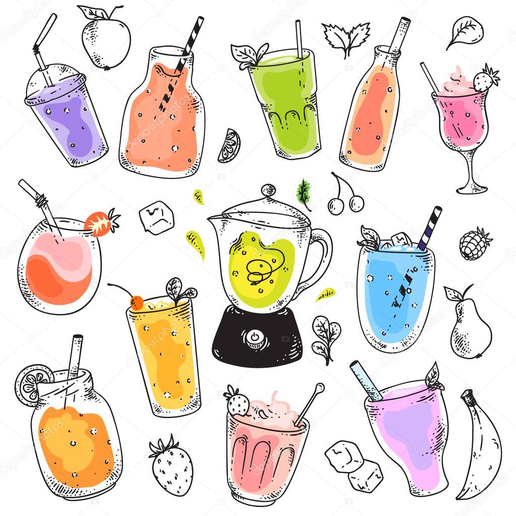 Smoothie cups. Natural raw fruit cocktail desserts in glasses set. Sweet vitamin drink for healthy diet nutrition. Smoothie beverages in cups with straws, ice cubes, mint leaf sketches collection