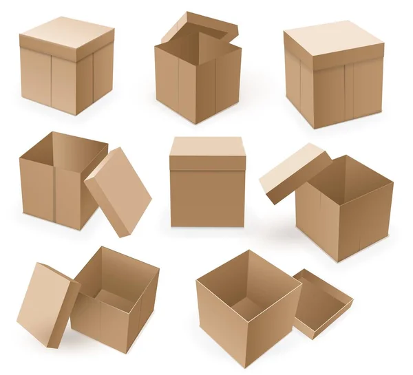 Scatola di cartone vuota. Aprire scatola marrone mockup — Vettoriale Stock