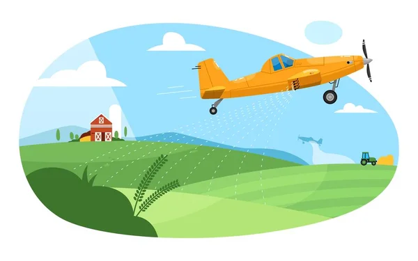 Crop duster. Flying aircraft plane spraying farm — Stock Vector