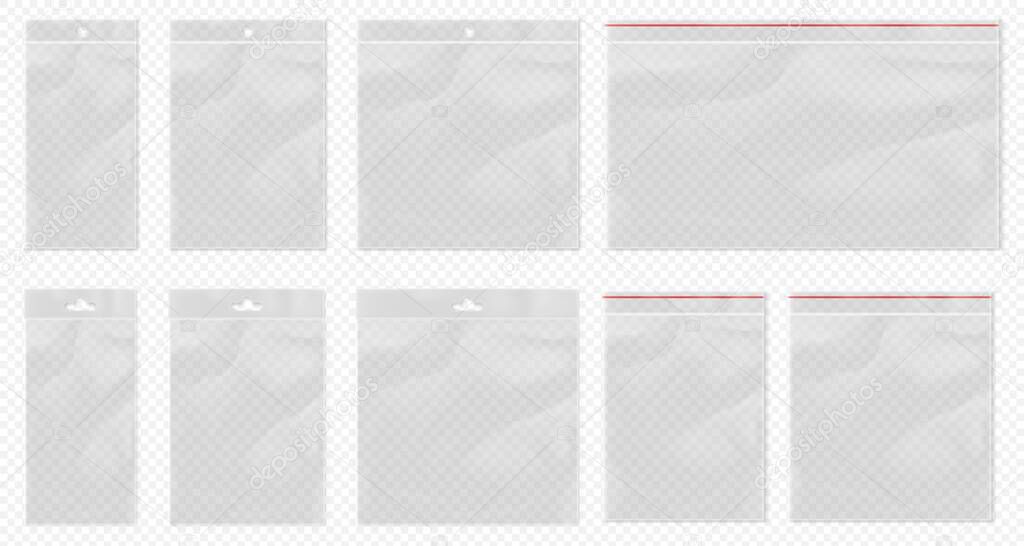 Download Plastic bag transparent. Clear pouch mockup isolated. Blank transparent bag set with bopp ...