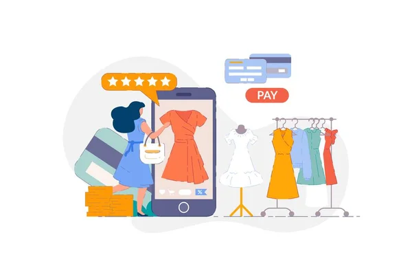 Tienda online de ropa. Mujer de compras — Vector de stock