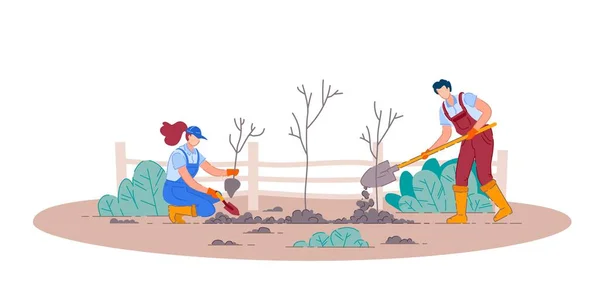 Plantando árboles frutales. Hombre y mujer aislados — Vector de stock