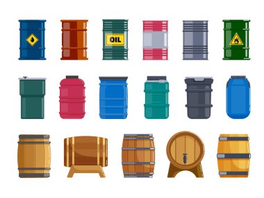 Metal, plastik ve ahşap varil beyaz üzerine izole edilmiş.