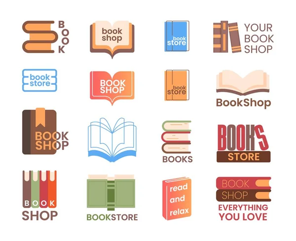 Boekenwinkel en boekhandel logotype set geïsoleerd op wit — Stockvector