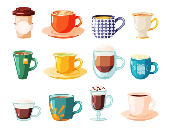 Various cup with tea, coffee and drink isolated set — Stock Vector