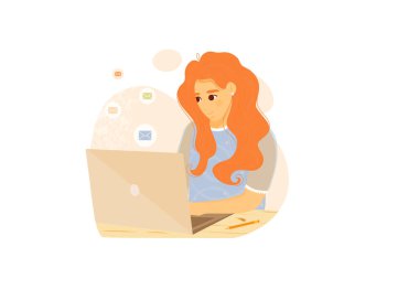 Dizüstü bilgisayarda çalışan bir kadın beyaz arka planda e- posta gönderiyor