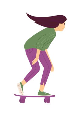 Genç kız beyaz arka planda hızlı kaykay binicisi