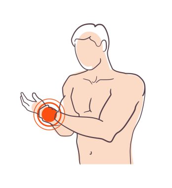 Genç adamın bilek ağrısı belirtileri beyazda izole edilmiş.