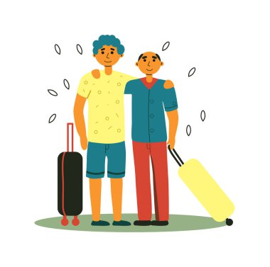 Bagaj çantası olan turist arkadaş beyazda izole edilmiş.