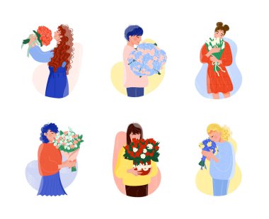 Çiçek buketi tutan güzel kadın romantik hediye seti. Çizgi film genç mutlu kadın karakter çiçek demeti hediye vektör çizimi beyaz arka planda izole