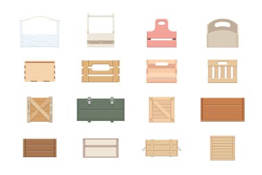 Tahta kutu, sandık ve sepet paketleme, posta paleti seti. Kırılgan mallar için ahşap konteynır kargo, depolama, teslimat ve dağıtım vektör illüstrasyonu beyaz arka planda izole