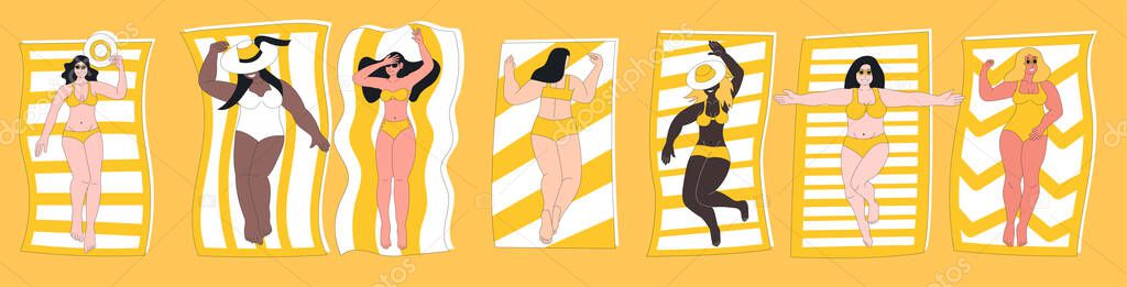 Plump, curvy woman in swimming suit sunbathing on beach. Plus size female body positive cartoon character laying on towel enjoy relaxation summer leisure paradise vacation vector illustration