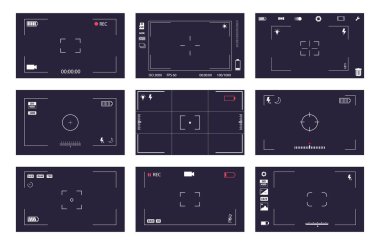 Arayüz görüntüleyici dijital kamera ayarları ayarlandı. ui ögesi ekran görüntüsü kipi göstergesi, kayıt etiketi, pil simgesi, odak, flaş vektör çizimi beyaz üzerine izole edilmiş