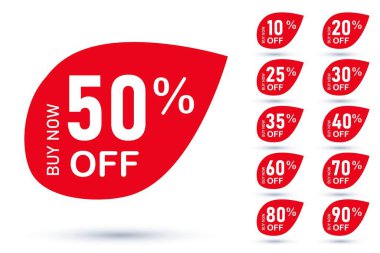 Şimdi farklı yüzde indirimli yaprak şekilli etiket setiyle alın. Beyaz arka planda izole edilmiş çeşitli ticari teklif vektör illüstrasyonları içeren kırmızı rozet etiketi şablonu sat