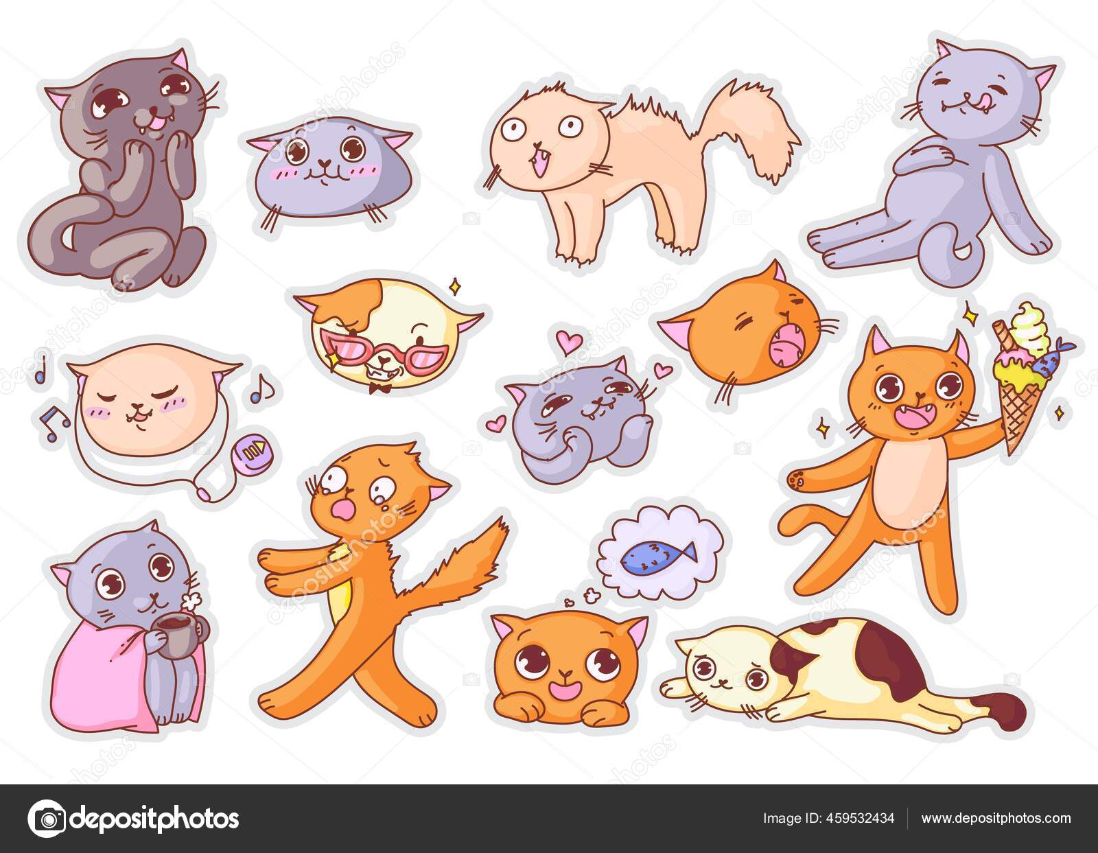 cat cute pet animal kitten funny icons set vector