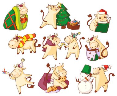 Şirin Kawai boğa yeni yıl karakter simgesi seti