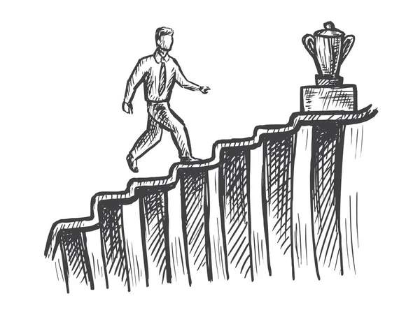 Мужчина поднимается по лестнице на скетч о карьере трофея — стоковый вектор