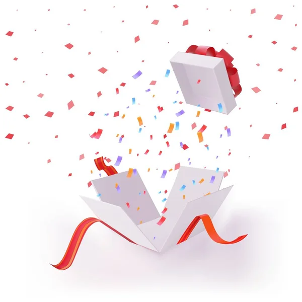 Caja regalo sorpresa abierta con lluvia de confeti — Vector de stock