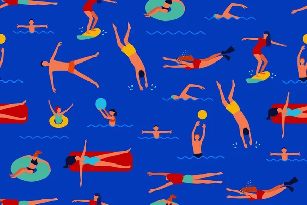Les gens nagent, surfent et se relaxent modèle sans couture — Image vectorielle
