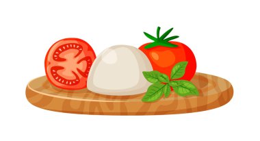 Kesme tahtasında domatesli yumuşak mozzarella peyniri.