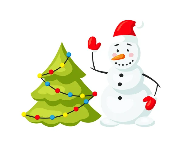 흰색으로 표시된 xmas 나무 근처 산타 모자를 쓴 웃긴 눈 사람 — 스톡 벡터