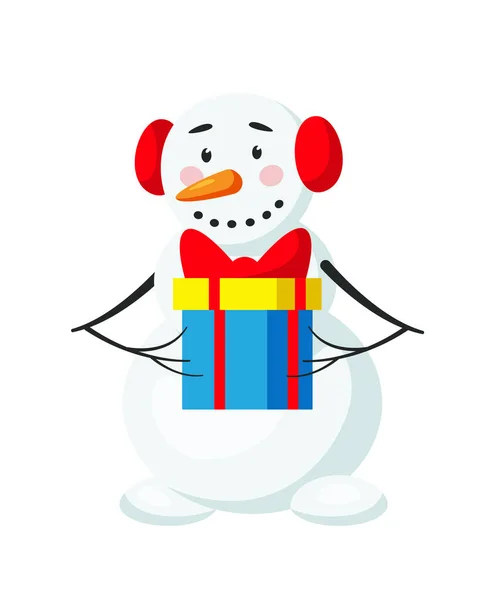 Рождественский снеговик с подарочной коробкой изолирован на белом — стоковый вектор