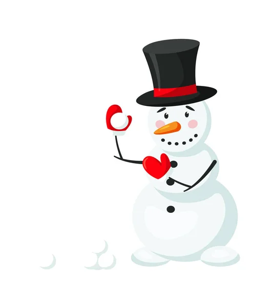 Джентльмен-снеговик играет в снежок изолированный на белом — стоковый вектор