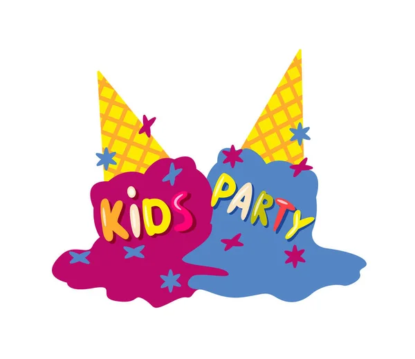 Kids party badge with melted ice-cream cone design — Stock Vector