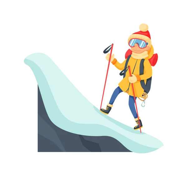 Jeune alpiniste escalade crête enneigée scène — Image vectorielle