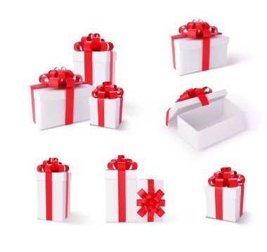 Kırmızı kurdeleli beyaz hediye kutusu kapalı ve açık