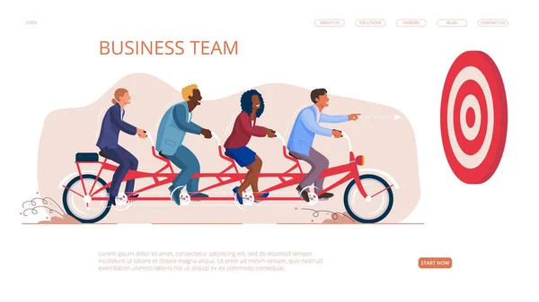 Business team op tandem fiets samenwerking start nu knop — Stockvector