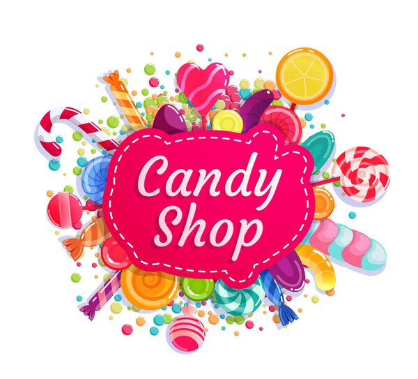 Candy shop, trade store company advertising insignia label