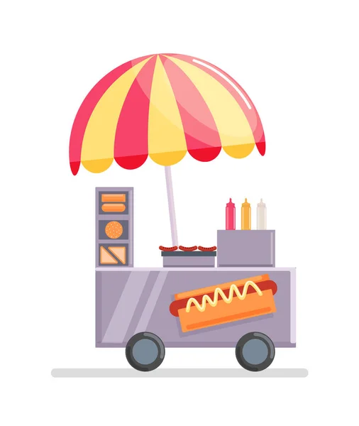 Pouliční jídlo prodejní vozík s hot dogem na bílém pozadí — Stockový vektor