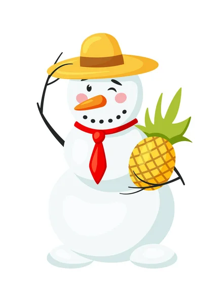 Смешной снеговик в соломенной шляпе с ананасом, изолированным на белом — стоковый вектор