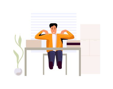 Erkek çalışan işyerinde ofis fitness egzersizi yapıyor.