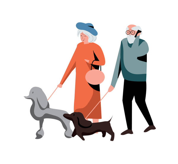 Старая пара выгуливает собаку на белом фоне