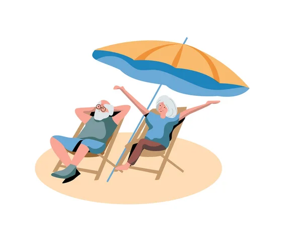 这对老夫妇在白色背景的沙滩上休息 — 图库矢量图片