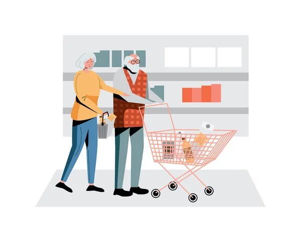 Ηλικιωμένοι ζευγάρι ψώνια στο σούπερ μάρκετ παντοπωλείο — Διανυσματικό Αρχείο