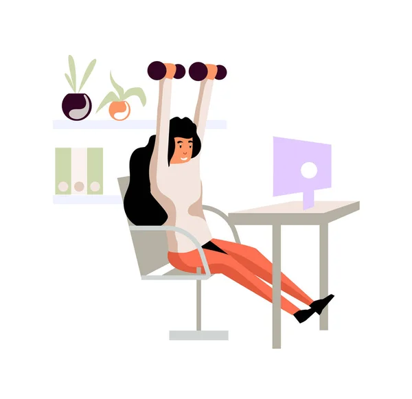 Γυναίκα υπάλληλος γραφείου κάνουν άσκηση με αλτήρες απομονωμένη — Διανυσματικό Αρχείο