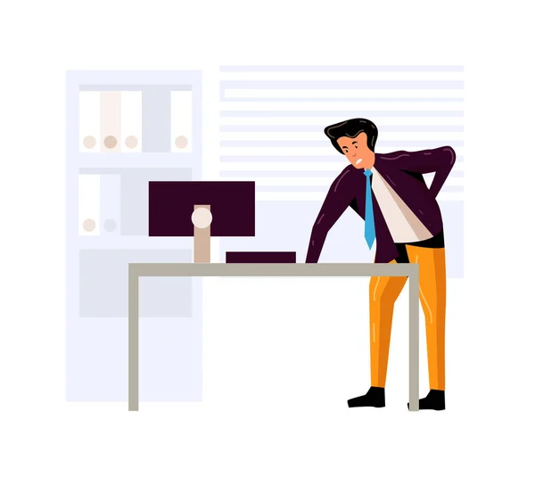 Tired businessman suffering from back pain in office — Stock Vector