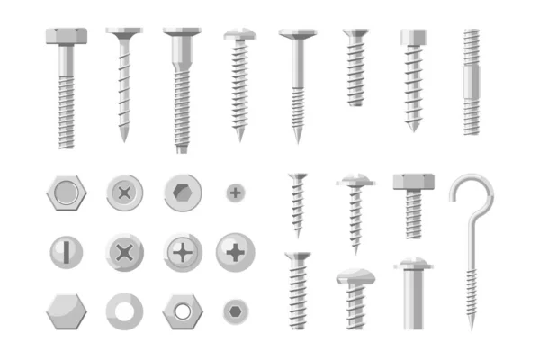 Cierre de metal, perno de acero inoxidable y juego de tornillos — Archivo Imágenes Vectoriales