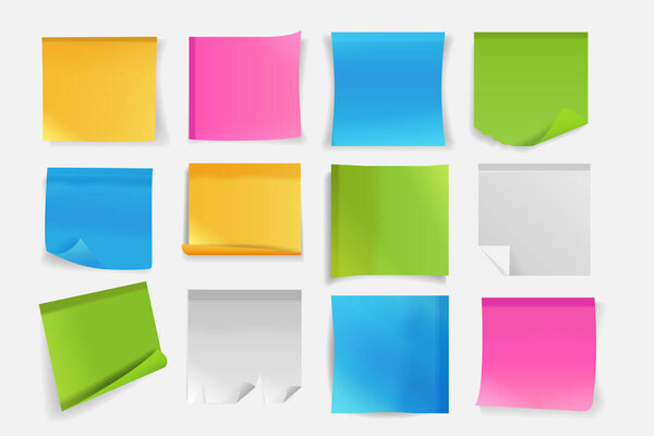 Color sticky note paper sheet with curled corner set