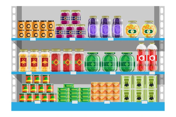 Conservación de productos alimenticios en el estante de la tienda vector — Vector de stock