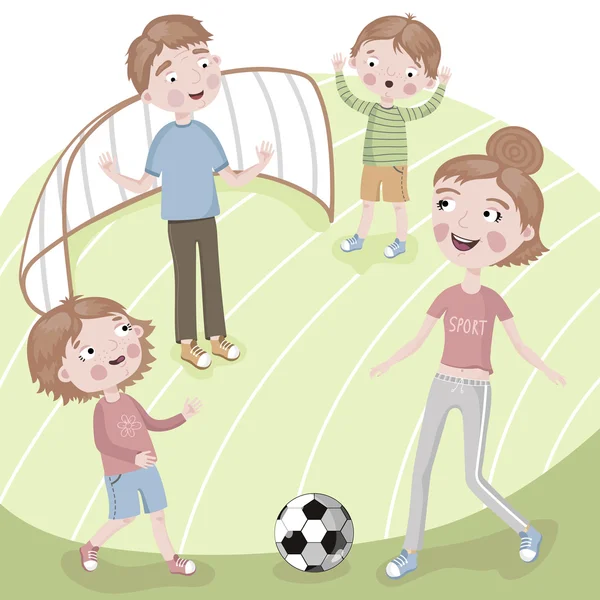 Семья на отдыхе играет в футбол . — стоковый вектор